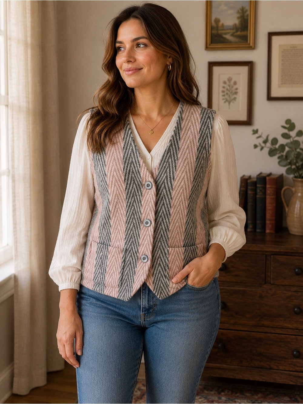 Vintage Camelo Made in Italy Wool Blend Vest Chevron Blush and Gray Size 9